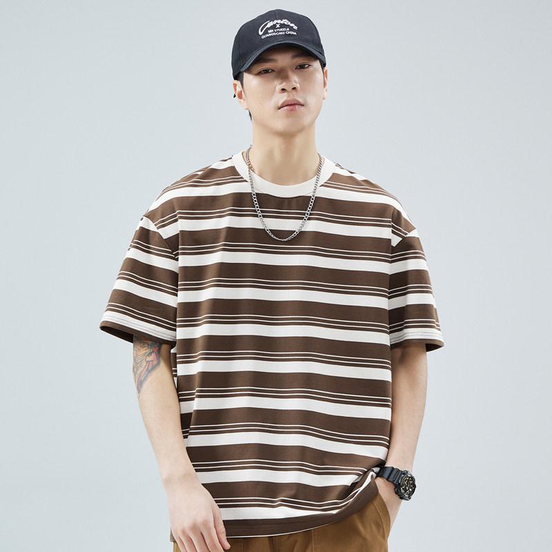 アメリカン スタイル カラーブロック ストライプ メンズ 半袖 Tシャツ 夏 コーデ スタイル カジュアル ゆったり 半袖 トップス
