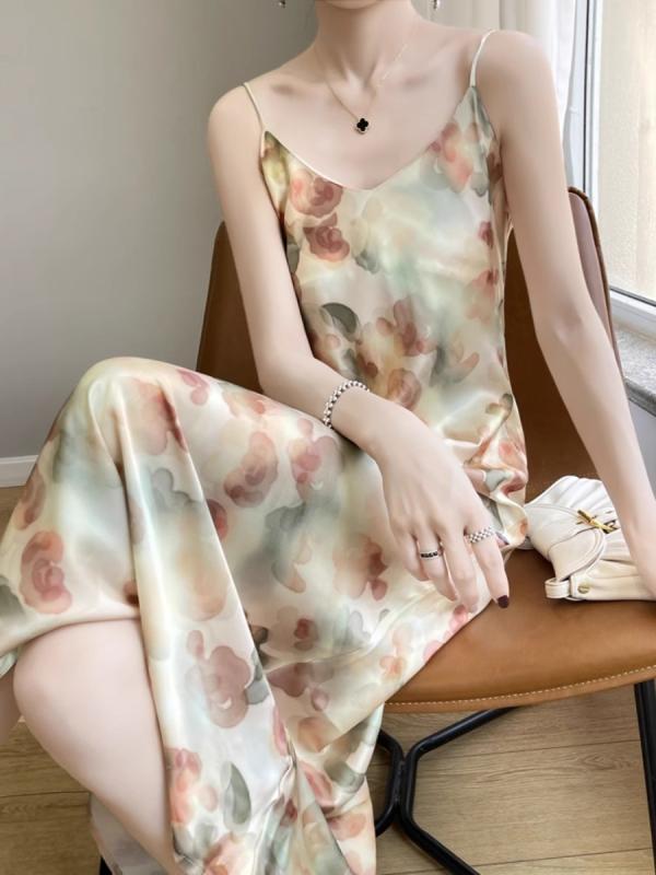 レディース ファッション 服 オシャレ 女性用 シンプル 大人カワイイ 大きいサイズ 婦人服 フレンチ 高級 サテン ワンピース ドレス サマー スリミング Vネック プリント Aライン ロング スカート