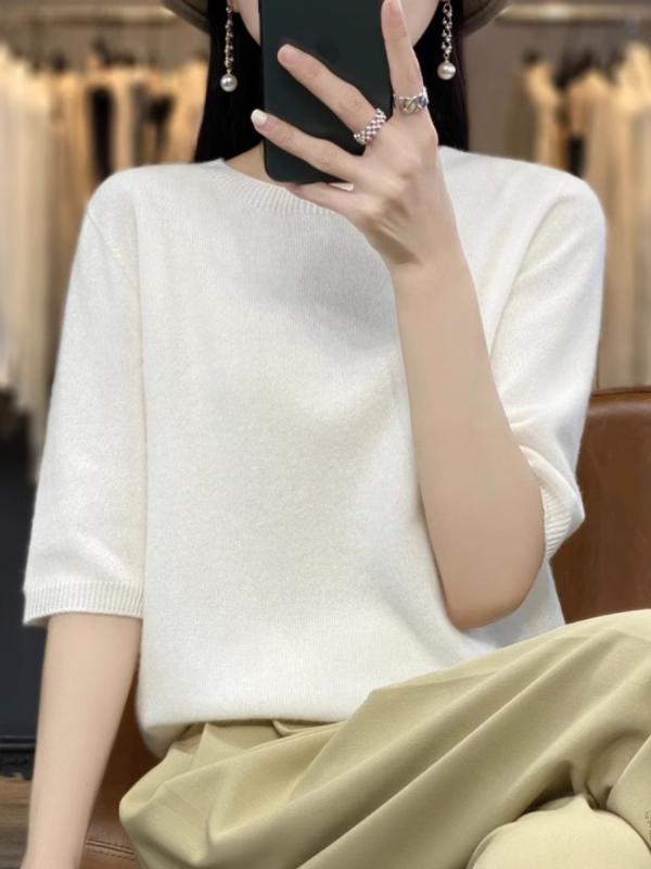 レディース ファッション 服 オシャレ 女性用 シンプル 大人カワイイ 大きいサイズ 婦人服 ニットウェア 無地 半袖 T ラウンドネック 薄手 セーター カジュアル ハーフスリーブ トップス