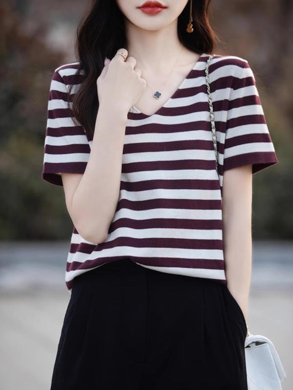 レディース ファッション 服 オシャレ 女性用 シンプル 大人カワイイ 大きいサイズ 婦人服 綿 ストライプニット 半袖 T 夏 Vネック 半袖 コットン トップス