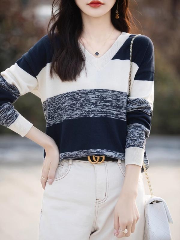 レディース ファッション 服 オシャレ 女性用 シンプル 大人カワイイ 大きいサイズ 婦人服 綿 Vネック ニット ワイド ストライプ カラーマッチング 長袖 薄手 綿 セーター