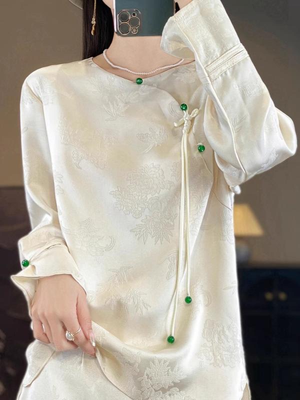 レディース ファッション 服 オシャレ 女性用 シンプル 大人カワイイ 大きいサイズ 婦人服 トップス 傾斜 前立 T プルオーバー サテン ジャカード 長袖 ラウンドネック 韓国 スタイル