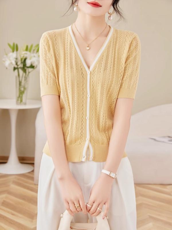 レディース ファッション 服 オシャレ 女性用 シンプル 大人カワイイ 大きいサイズ 婦人服 Vネック 冷感 コントラスト セーター 薄手 夏 スリム T 半袖 トップス