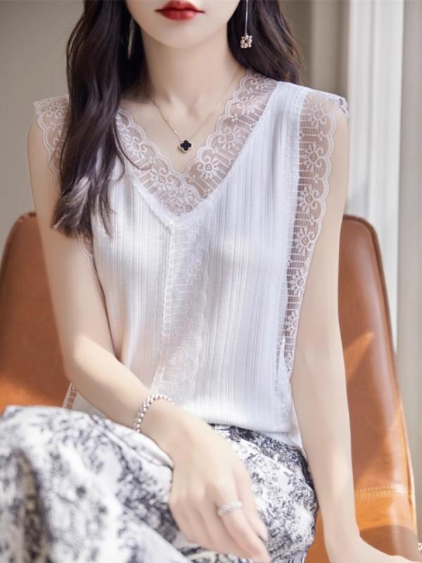 レディース ファッション 服 オシャレ 女性用 シンプル 大人カワイイ 大きいサイズ 婦人服 レースキャミソール 夏 アウター スーツ 高級 Vネック シック トップス