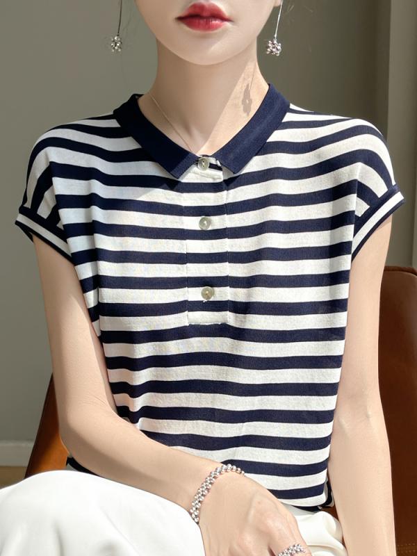 レディース ファッション 服 オシャレ 女性用 シンプル 大人カワイイ 大きいサイズ 婦人服 ポロ 襟 半袖 T 夏 薄手 ストライプ ショート トップス(4)