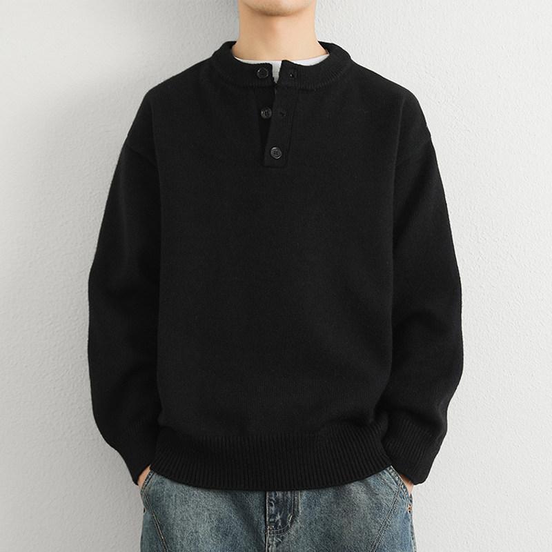 Other - メンズ ファッション 服 男性用 オシャレ シンプル 大人 かっこいい ストリート 紳士服 黒 ヘンリーカラーセーター ゆったり フィット 無地 シンプル フリース ニット ウェア