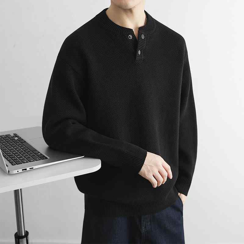 メンズ ファッション 服 男性用 オシャレ シンプル 大人 かっこいい ストリート 紳士服 黒 ヘンリーカラー セーター ゆったり フィット 無地 レトロ 綿 ニット ウェア