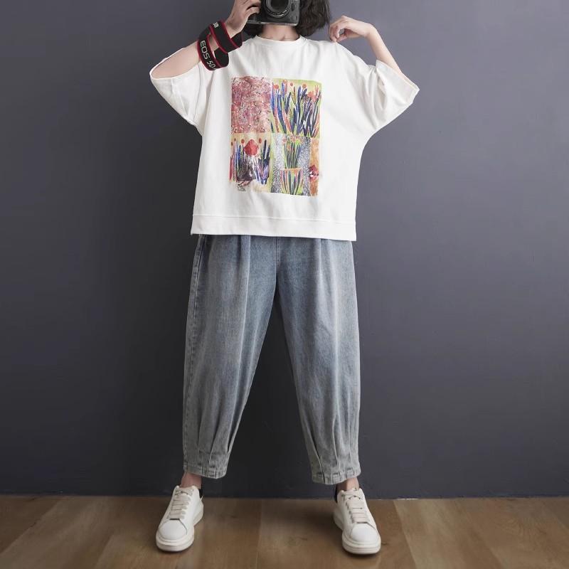 レディース ファッション 服 オシャレ カワイイ 女性用 シンプル 大人カワイイ 大きいサイズ 婦人服 ハイエンド 夏 ゆったり カジュアル プリント ラウンドネック 半袖 トップス