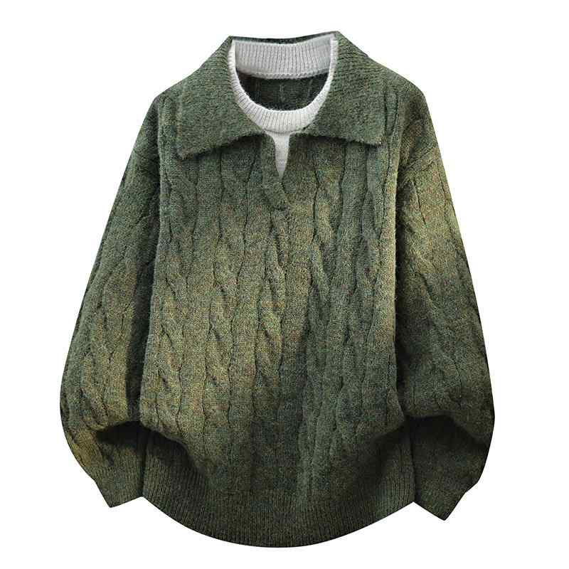 メンズ ファッション 服 男性用 オシャレ シンプル 大人 かっこいい ストリート 紳士服 レトロ ツーピース ポロカラー セーター ゆったり ケーブルニット ターンダウン カラーニット セーター