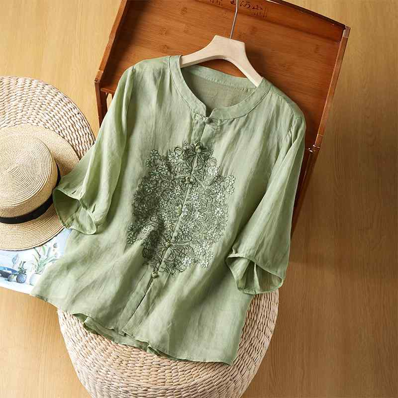 レディース ファッション 服 オシャレ カワイイ 女性用 シンプル 大人カワイイ 大きいサイズ 婦人服 高級 夏 ゆったり 半袖 シャツ 刺繍 スタンドカラー トップス