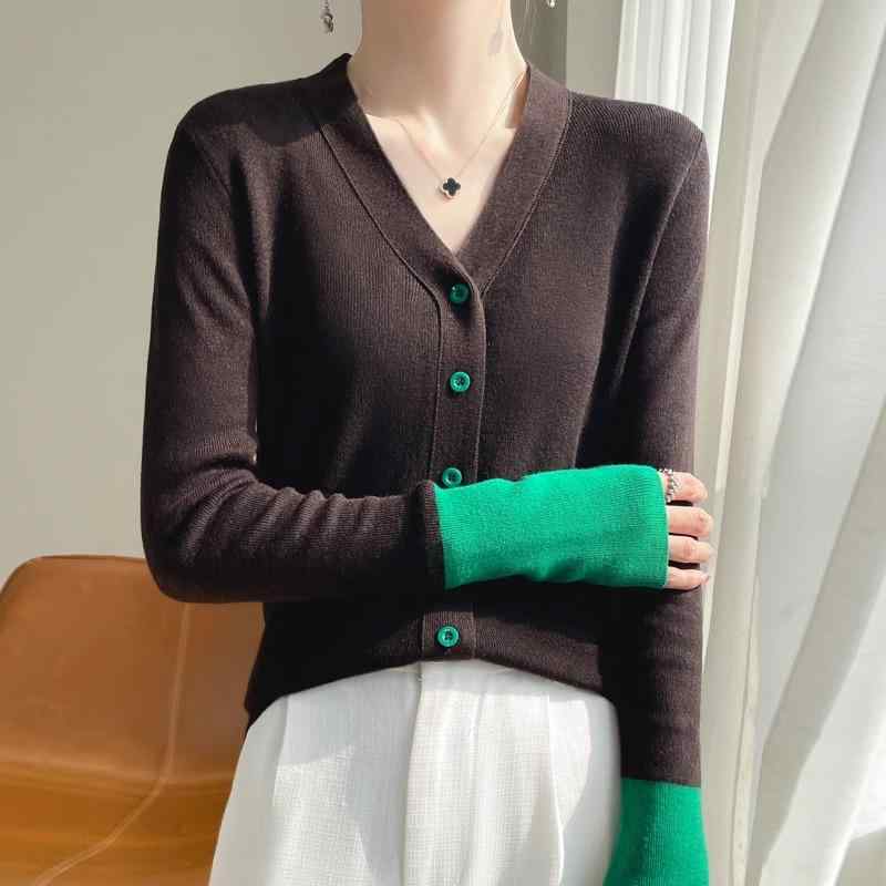 レディース ファッション 服 オシャレ カワイイ 女性用 シンプル 大人カワイイ 大きいサイズ 婦人服 薄型 カラー ブロック ニットカーディガン Vネック スリムフィット セーター ジャケット