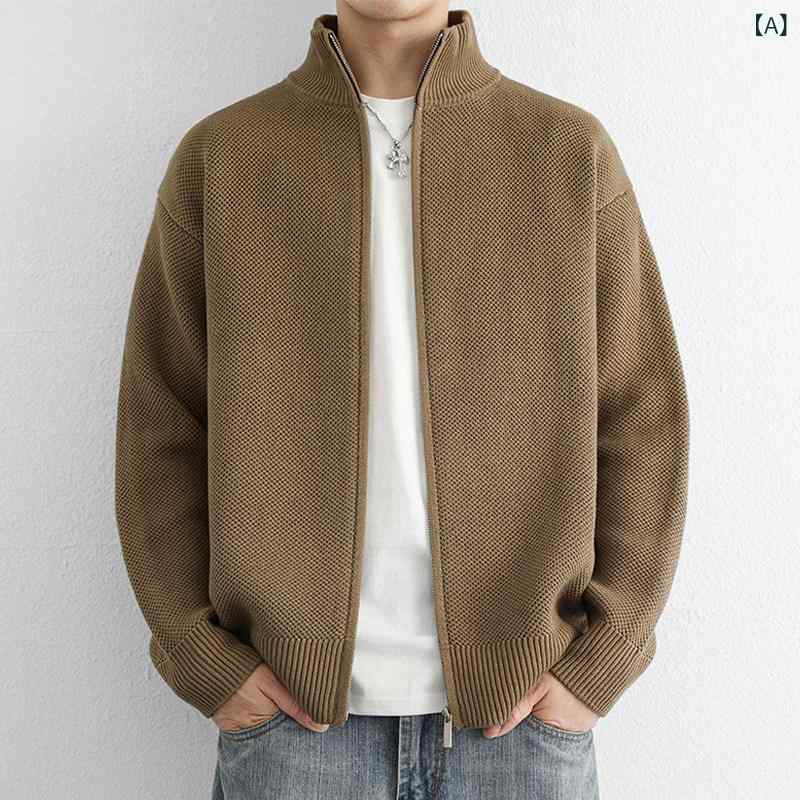 リコットのメンズ ファッション 服 男性用 オシャレ シンプル 大人 かっこいい ストリート 紳士服 カーディガン ニットウェア 無地 シンプル ゆったり カジュアル スタンドカラー セーター ジャケット｜アングル2