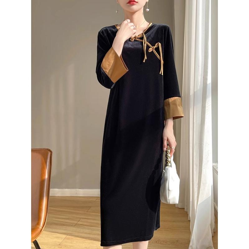 レディース ファッション 服 オシャレ カワイイ 女性用 シンプル 大人カワイイ 大きいサイズ 婦人服 ゴールド ベルベット ドレス レトロ チャイナ ミドル丈 スカート