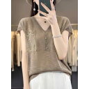 レディース ファッション 服 オシャレ カワイイ 女性用 シンプル 大人カワイイ 大きいサイズ 婦人服 夏 薄手 ス リネン Vネック 冷感 半袖 T シャツ 刺繍 ポケット セーター スリム トップス