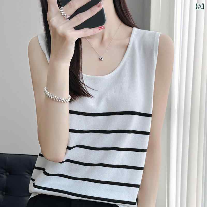 レディース ファッション 服 オシャレ カワイイ 女性用 シンプル 大人カワイイ 大きいサイズ 婦人服 冷感 キャミソール ノースリーブ ラウンドネック 夏 プルオーバー ストライプ