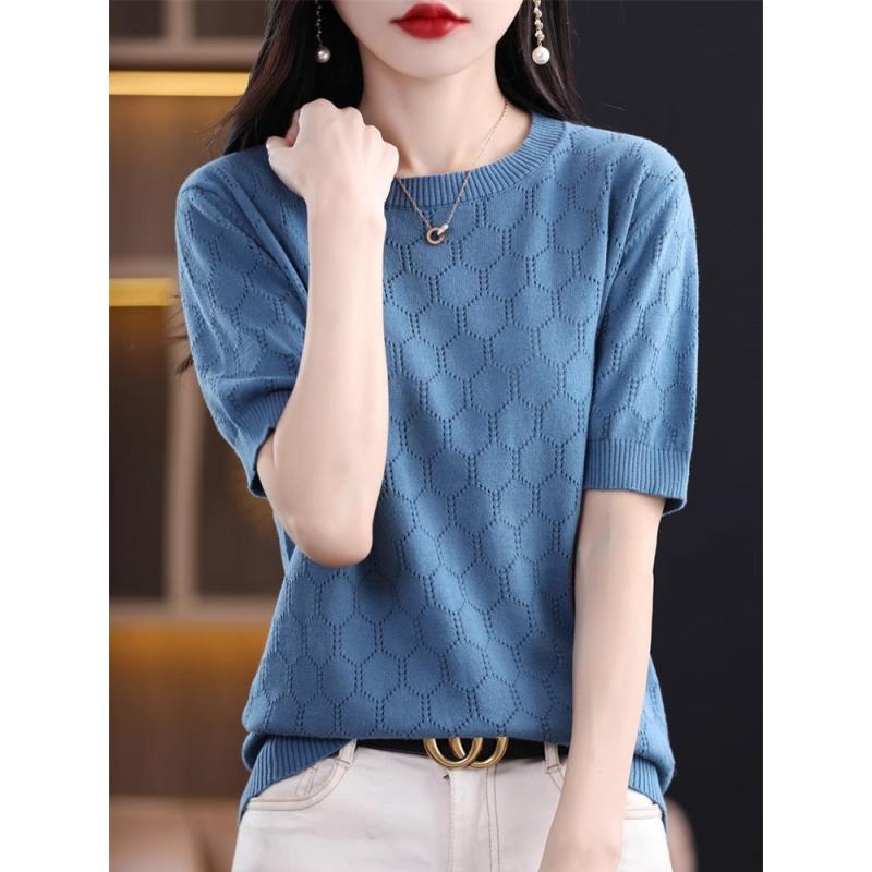 レディース ファッション 服 オシャレ カワイイ 女性用 シンプル 大人カワイイ 大きいサイズ 婦人服 リーク 綿 セーター 半袖 T シャツ トップス ラウンドネック プルオーバー 薄手 シャツ