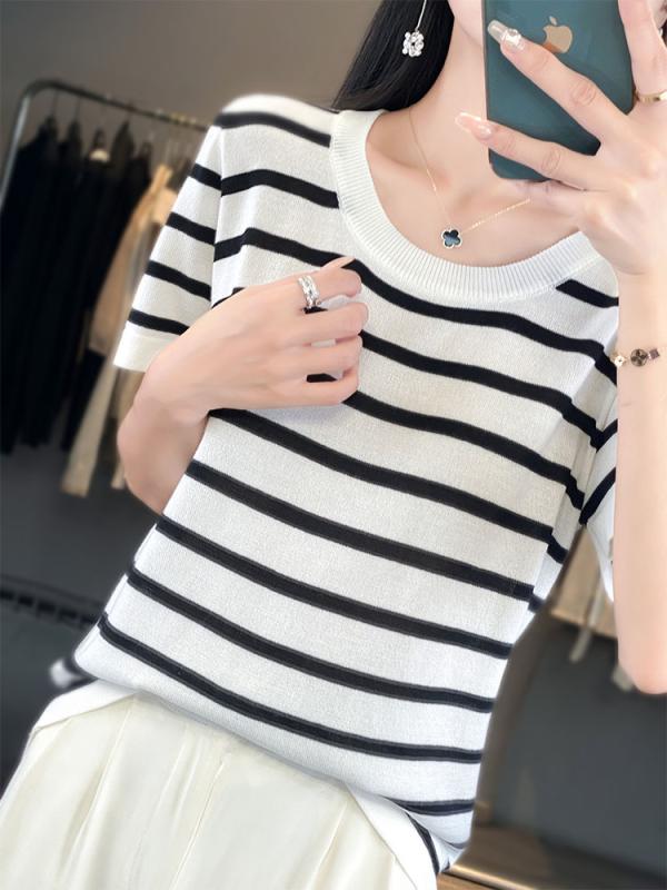 レディース ファッション 服 オシャレ カワイイ 女性用 シンプル 大人カワイイ 大きいサイズ 婦人服 黒 白 ストライプ 半袖 T シャツ 冷感 ゆったり スリム トップス