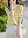 レディース ファッション 服 オシャレ カワイイ 女性用 シンプル 大人カワイイ 大きいサイズ 婦人服 夏 ラウンドネック ストライプニット コットン T シャツ 幾何学 ジャカード カジュアル シャツ