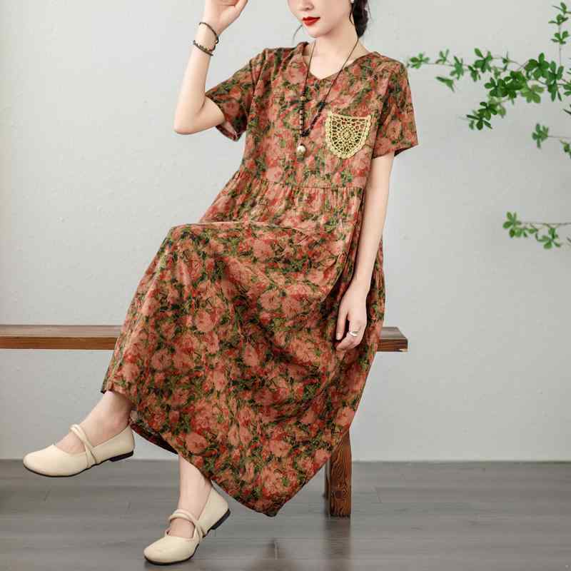 レディース ファッション 服 オシャレ カワイイ 女性用 シンプル 大人カワイイ 大きいサイズ 婦人服 夏 ゆったり レトロ 綿 リネン 半袖 ドレス