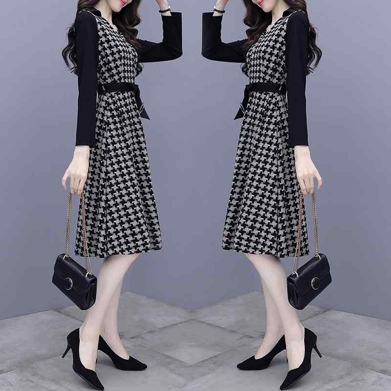 レディース ファッション 服 オシャレ カワイイ 女性用 シンプル 大人カワイイ 大きいサイズ 婦人服 黒 千鳥格子 ドレス 長袖 スト カバー aライン スカート