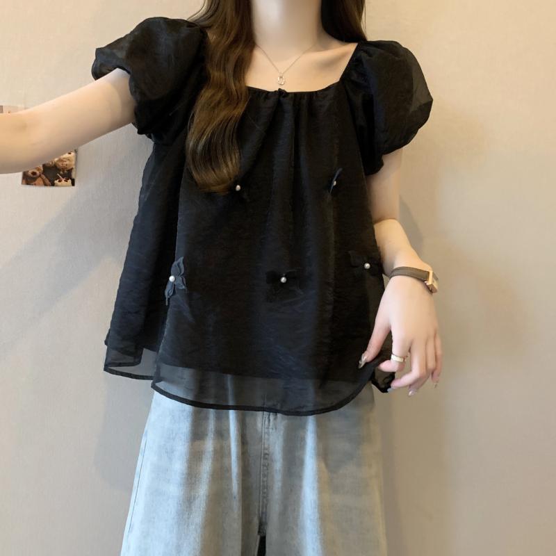 レディース 大人 きれいめ シンプル 上品 着回し ベーシック カジュアル ナチュラル ロングシーズン 半袖 シャツ スタイル フレンチ スクエアネック オーガンザフィット お腹り カバーベビードールトップ バタフライ トップス