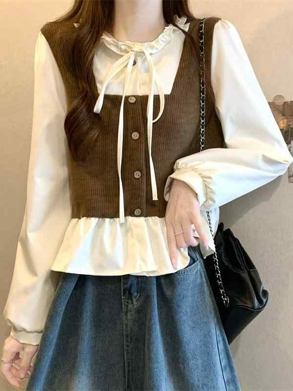 レディース 大人 きれいめ シンプル 上品 着回し ベーシック カジュアル ナチュラル ロングシーズン フレンチ スタイル フェイクツーピースシャツ ベビードール 長袖 トップス