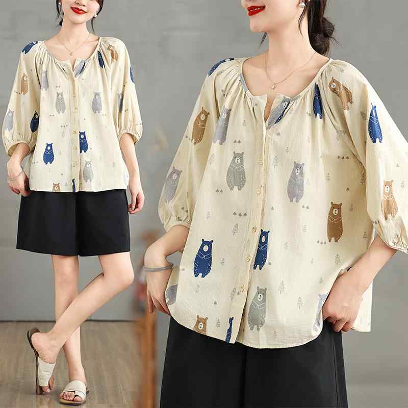 レディース ファッション 服 オシャレ カワイイ 女性用 シンプル 大人カワイイ 大きいサイズ 婦人服 ゆったり レトロ プリント 半袖 シャツ トップス