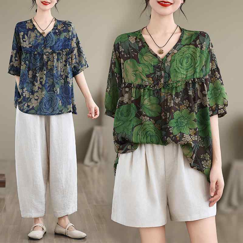 レディース ファッション 服 オシャレ カワイイ 女性用 シンプル 大人カワイイ 大きいサイズ 婦人服 夏 ゆったり エスニック レトロ 半袖 トップス