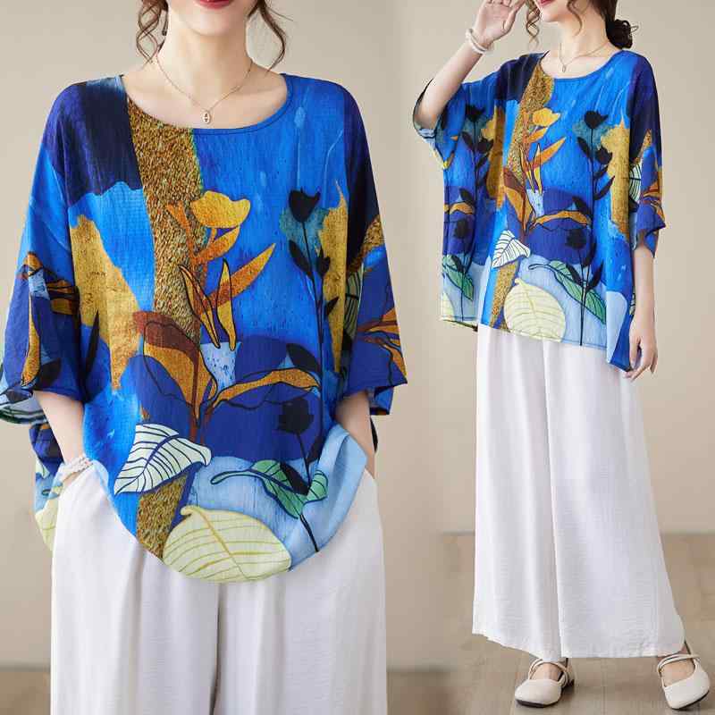 レディース ファッション 服 オシャレ カワイイ 女性用 シンプル 大人カワイイ 大きいサイズ 婦人服 韓国 スタイル 夏 ラウンドネック レトロ プリント 半袖 トップス