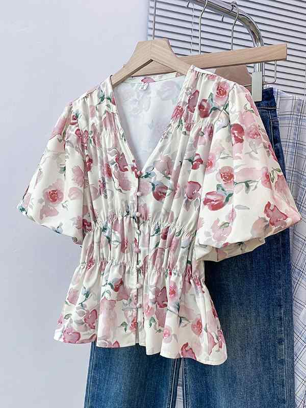 レディース ファッション 服 オシャレ カワイイ 女性用 シンプル 大人カワイイ 大きいサイズ 婦人服 夏 Vネック 花柄 半袖 スト T シャツ トップス