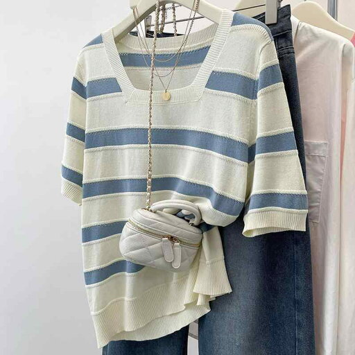 レディース ファッション 服 オシャレ カワイイ 女性用 シンプル 大人カワイイ 大きいサイズ 婦人服 高級 夏 ストライプ 半袖 セーター スクエアネック トップス レディース ファッション 服 オシャレ カワイイ 女性用 シンプル 大人カワイイ 大きいサイズ 婦人服 高級 夏 ストライプ 半袖 セーター スクエアネック トップス