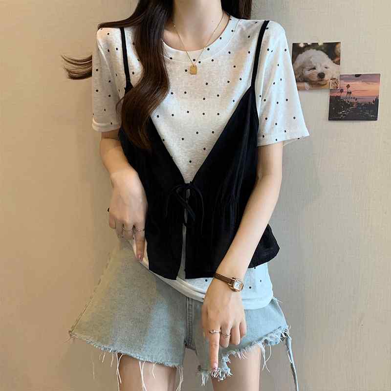 レディース ファッション 服 オシャレ カワイイ 女性用 シンプル 大人カワイイ 大きいサイズ 婦人服 ラベル 夏 水玉 フェイク ツーピース 半袖 トップス