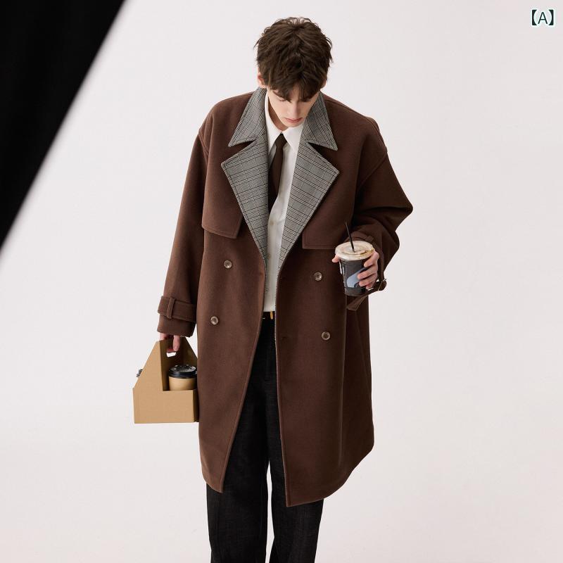 リコットのメンズ ファッション 服 男性用 シンプル かっこいい 大人 ストリート カジュアル ビジネス 通勤 チェック柄 襟 ウール ロング コート トレンチコート｜アングル2