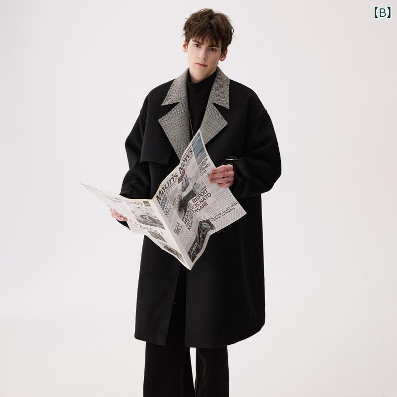 リコットのメンズ ファッション 服 男性用 シンプル かっこいい 大人 ストリート カジュアル ビジネス 通勤 チェック柄 襟 ウール ロング コート トレンチコート｜アングル3