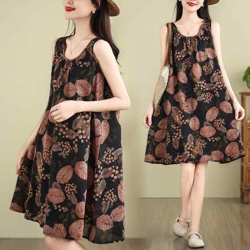 レディース ファッション 服 オシャレ カワイイ 女性用 シンプル 大人カワイイ 大きいサイズ 婦人服 夏 ノースリーブ ラウンドネック コットンリネン プリント ドレス