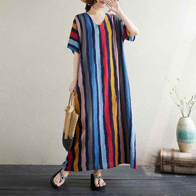 レディース ファッション 服 オシャレ カワイイ 女性用 シンプル 大人カワイイ 大きいサイズ 婦人服 ラベル 夏 ゆったり Vネック ストライプ 半袖 ドレス