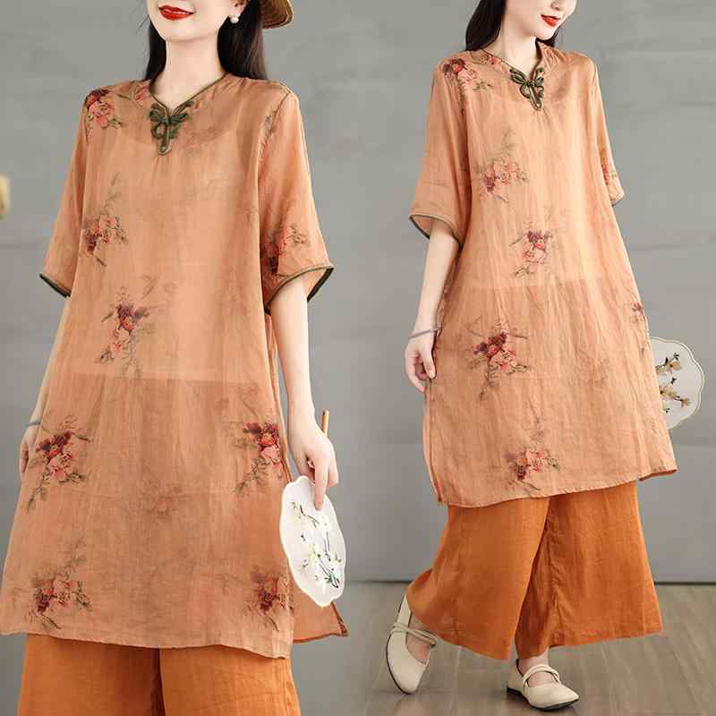 レディース ファッション 服 オシャレ カワイイ 女性用 シンプル 大人カワイイ サイズ 婦人服 シングル ラベル プリント チャイナ トップス カジュアル パンツ スーツ