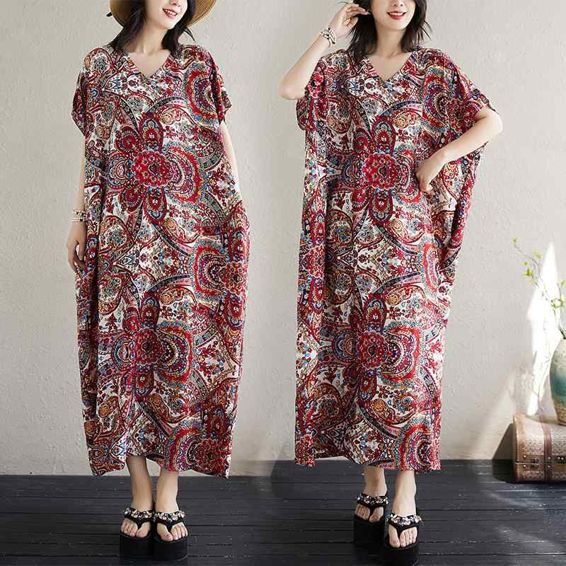 レディース ファッション 服 オシャレ カワイイ 女性用 シンプル 大人カワイイ サイズ 婦人服 夏 ゆったり レトロ プリント 半袖 ドレス