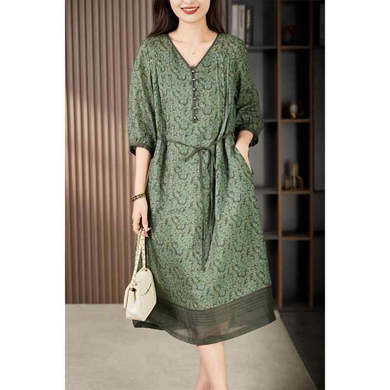 レディース ファッション 服 オシャレ カワイイ 女性用 シンプル 大人カワイイ サイズ 婦人服 Vネック ラミー プリント ドレス 夏 七分袖 レース スト スカート