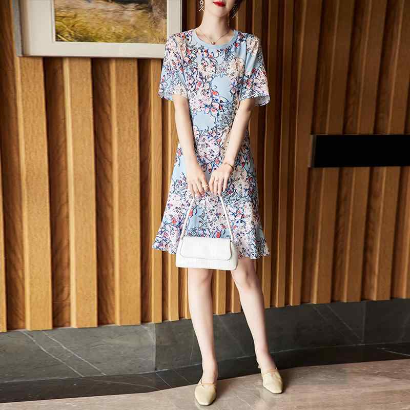 レディース ファッション 服 オシャレ カワイイ 女性用 シンプル 大人カワイイ サイズ 婦人服 夏 韓国スタイル フリルスカート プリント シフォン ドレス