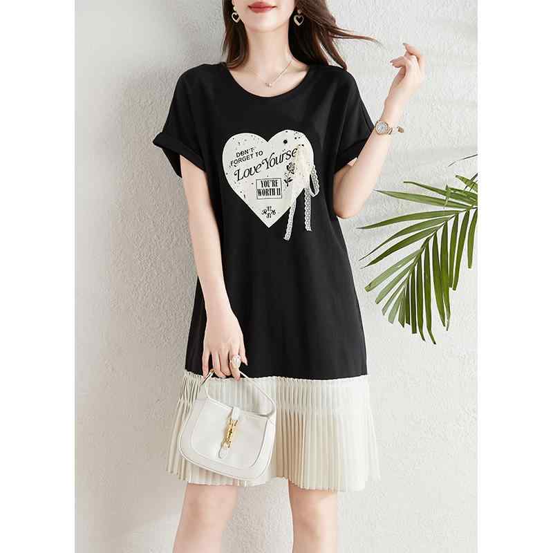 レディース ファッション 服 オシャレ カワイイ 女性用 シンプル 大人カワイイ ラブ プリント T シャツ ドレス 夏 韓国 スタイル スリム カジュアル ドレス