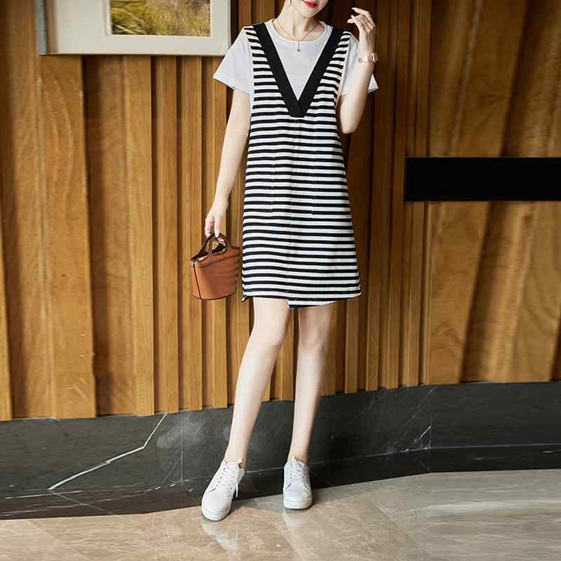 レディース ファッション 服 オシャレ カワイイ 女性用 シンプル 大人カワイイ サイズ 婦人服 フェイク ツーピース ストライプ ドレス 夏 ゆったり スリム カジュアル T シャツ ドレス