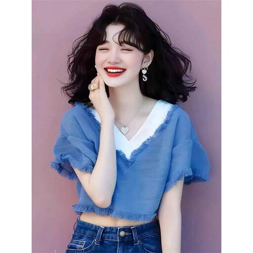 春 コーデ レディース ファッション オシャレ カワイイ シンプル きれいめ ナチュラル 上品カジュアル 婦人服 ブルー ホワイト コントラスト Vネック タッセル 半袖 Tシャツ かっこいい 夏 トップス 春 コーデ レディース ファッション オシャレ カワイイ シンプル きれいめ ナチュラル 上品カジュアル 婦人服 ブルー ホワイト コントラスト Vネック タッセル 半袖 Tシャツ かっこいい 夏 トップス