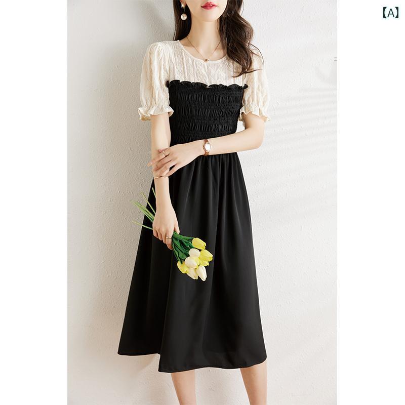 レディース ファッション 服 オシャレ カワイイ 女性用 シンプル 大人カワイイ サイズ 婦人服 ワンピース フェイク ツーピース ドレス ミドル丈 夏 スリム aライン ブラック ドレス