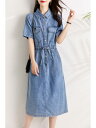 レディース ファッション 服 オシャレ カワイイ 女性用 シンプル 大人カワイイ サイズ 婦人服 ワンピース 薄手 デニム ポロ カラー ドレス カジュアル ミドル丈 デニムスカート