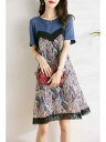 レディース ファッション 服 オシャレ カワイイ 女性用 シンプル 大人カワイイ サイズ 婦人服 ワンピース フェイク ツーピース シフォン ドレス 夏 スリム レトロ プリント aライン スカート
