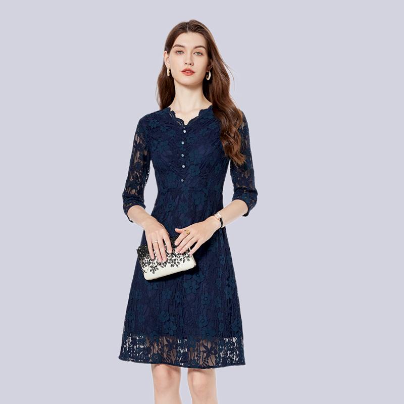 ファッション 服 オシャレ カワイイ シンプル 大カワイイ サイズ 婦服 ワンピース フレンチレース ウエスト スリム ミドル丈 Aライン スカート