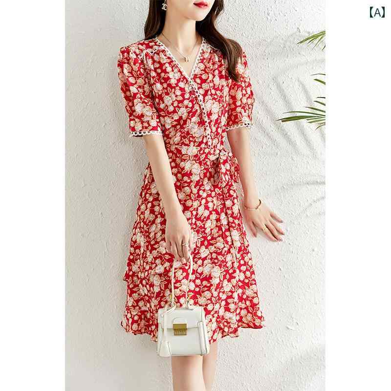 レディース ファッション 服 オシャレ カワイイ 女性用 シンプル 大人カワイイ サイズ 婦人服 ワンピース 花柄 シフォン ドレス 夏 フレンチ Vネック フリルスカート