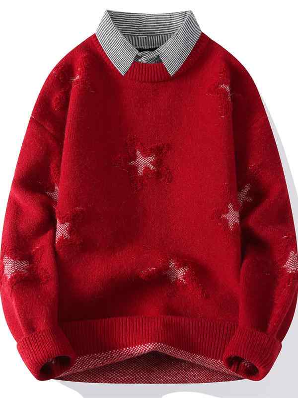 メンズ ファッション 服 男性用 オシャレ シンプル 大人 かっこいい ストリート 冬コーデ レッド セーター カジュアル シャツ カラー ニット