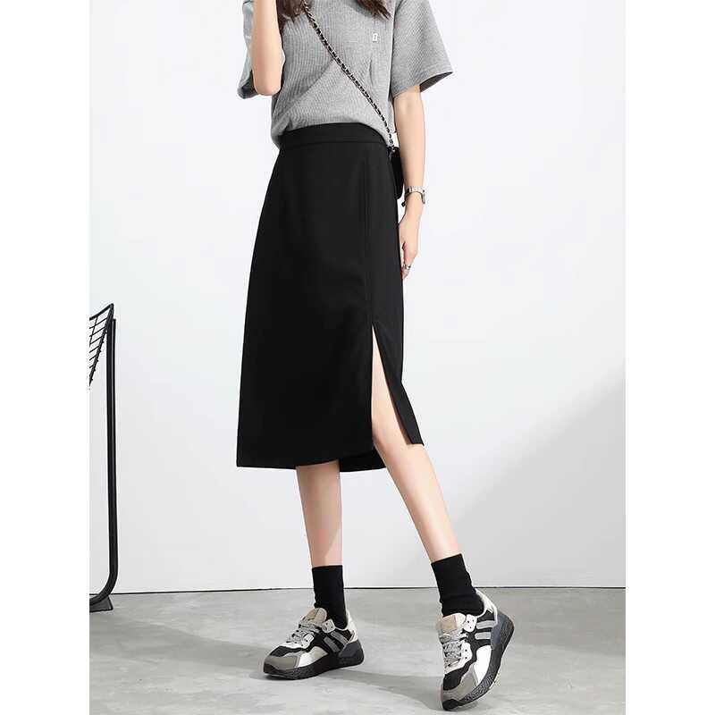 ファッション 服 オシャレ カワイイ シンプル 大カワイイ サイズ スカート 夏 スリム Aライン 黒 スリット ミドル丈 カート